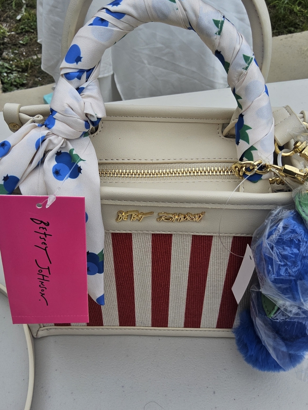 NWT Betsey Johnson Red & Cream Striped Satchel with Blue Pom Charm - Picture 3 of 6